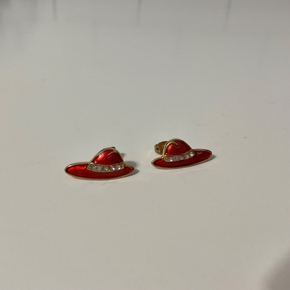 Enameled Red Hat Earrings With Rhinestones - Picture 4 of 6